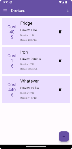 Android application ElectriCost screenshort