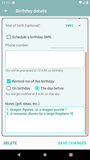 Birthdays reminder & SMS send Screen 3