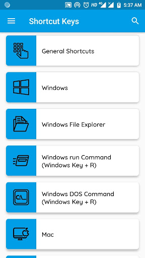 Android application Shortcut Keys screenshort