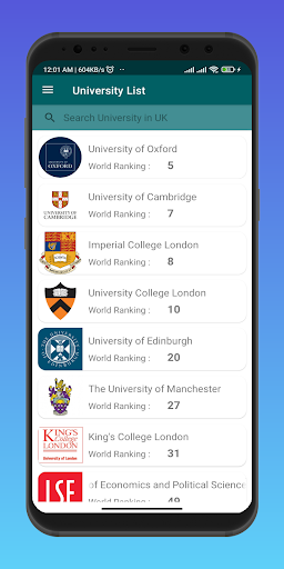 Android application UK Ranking University Info screenshort