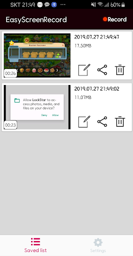 Android application easy screen record (with cam) screenshort