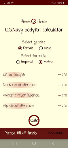 Android application USNavy Body Fat Calculator screenshort