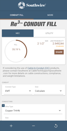 Screenshot of Southwire® Conduit Fill Calc