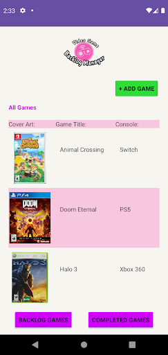 Android application Video Game Backlog Manager screenshort