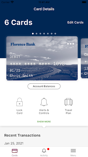 Florence Bank Card Controls Screen 2