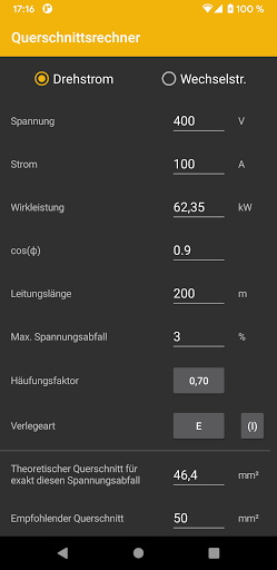 Android application Querschnittsrechner screenshort