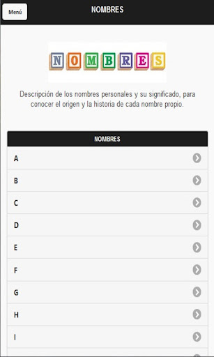 Android application Nombres propios y significado screenshort