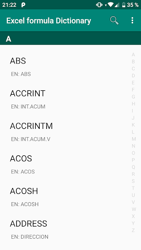 Android application Formula Dictionary in Excel (E screenshort