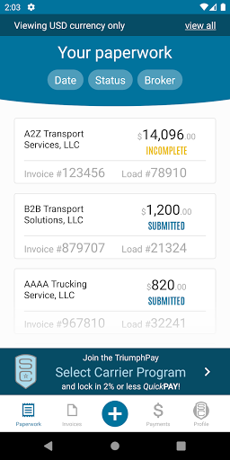 Android application TriumphPay screenshort