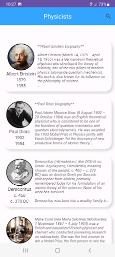 Biography of famous Scientists Screen 2