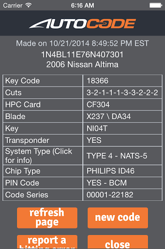 AutoCode - VIN to Key Code Screen 3