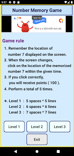 Android application Number Memory Game screenshort