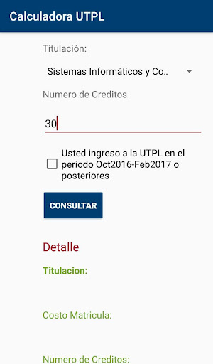 Calculadora de Matricula UTPL Screen 2