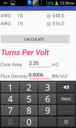 Transformer Winding Calculator Screen 2