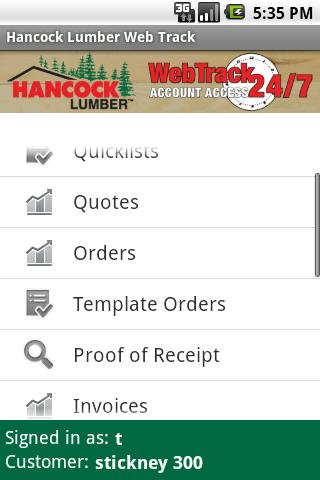 Android application Hancock Lumber Web Track screenshort