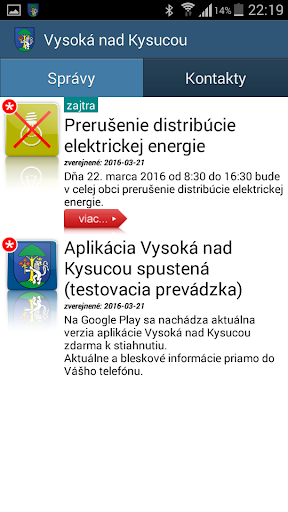 Android application Vysoká nad Kysucou screenshort