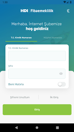 Android application HDI Fibaemeklilik Mobil Şube screenshort