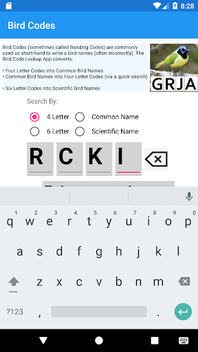 Android application Bird Code Lookup screenshort