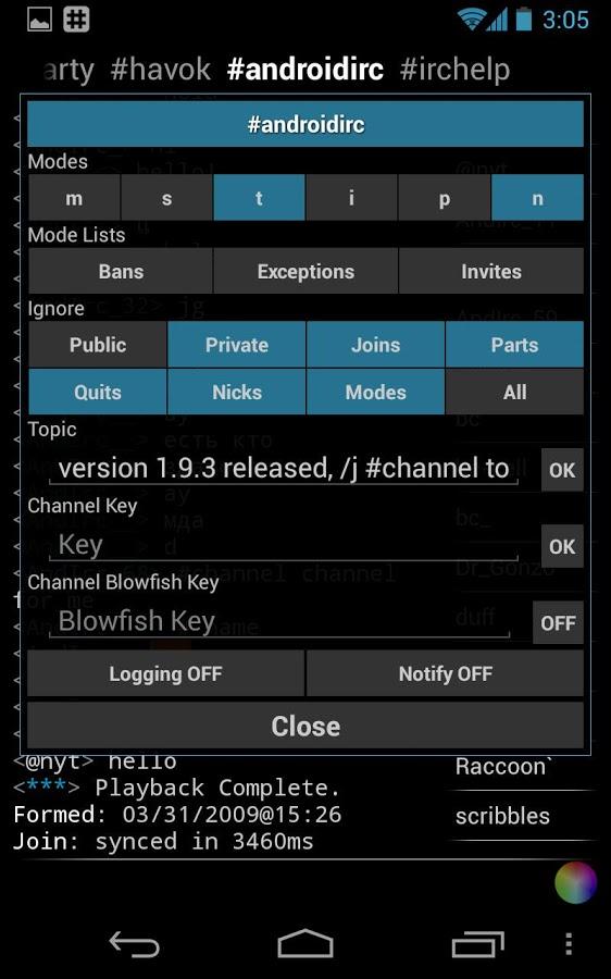 Android application IRC for Android ™ screenshort