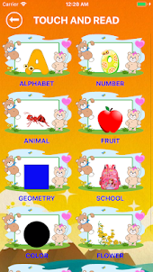 英語のアルファベット、数字、色、動物、果物の学習