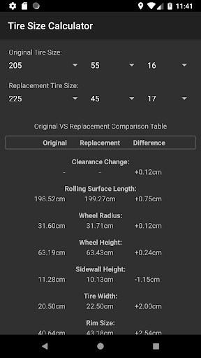 Android application Tire Size Calculator screenshort