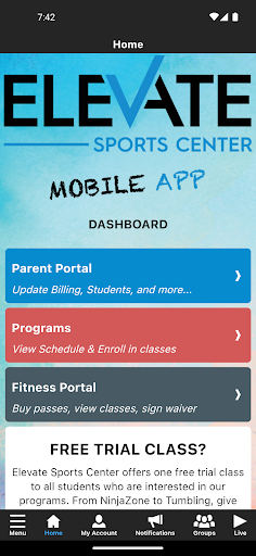 Android application Elevate Sports Center screenshort