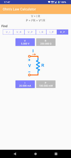 Android application Ohm's Law Calculator screenshort