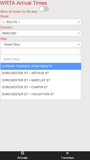 Worcester WRTA Bus Tracker Screen 3