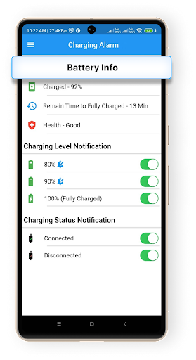 Android application Battery Charging Alarm on Full screenshort