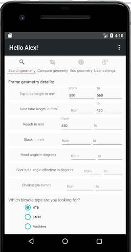 GeoVe - bicycle geometry Screen 2