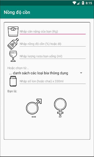 Android application Tính nồng độ cồn screenshort