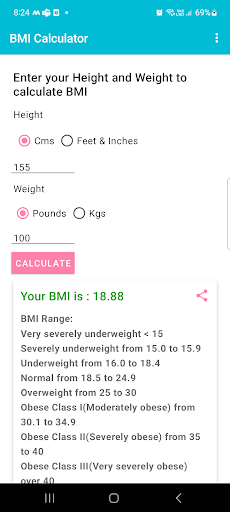 Android application BMI Calculator screenshort