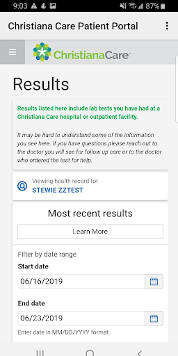 Christiana Care Patient Portal Screen 3
