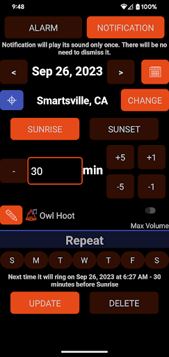 Sunrise Alarm Screen 2