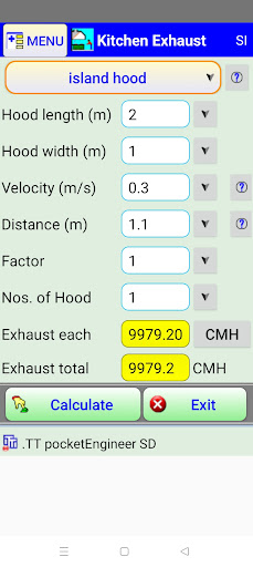 Android application Kitchen hood exhaust calc screenshort