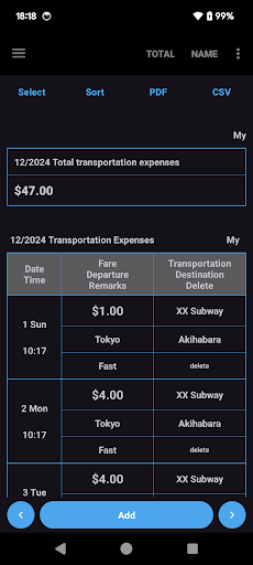 Transportation expenses Screen 3
