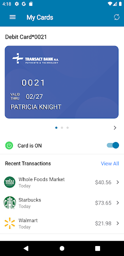 Transact Bank Card Screen 2