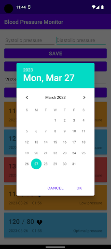Blood Pressure Diary Screen 2