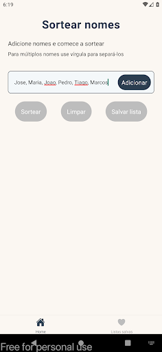 Android application Sorteio nomes screenshort
