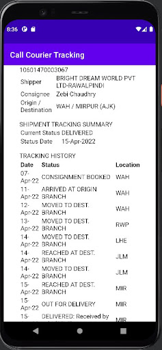 CallCourier Tracking Screen 3