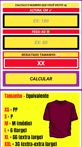 Android application Calcular Tamanho da Roupa screenshort