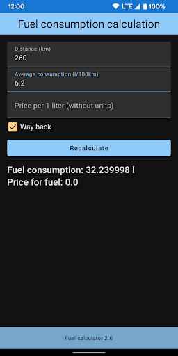 Fuel calculator Screen 2