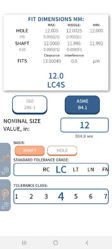 Screenshot of Tolerance and fits ISO