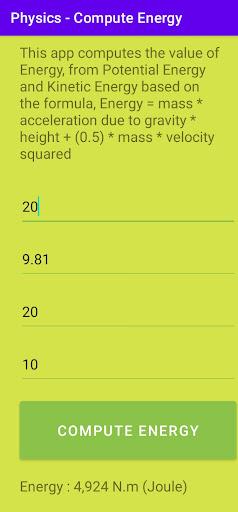 Android application Physics - Compute Energy screenshort