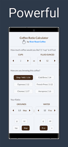 Coffee Ratio Calculator Screen 2