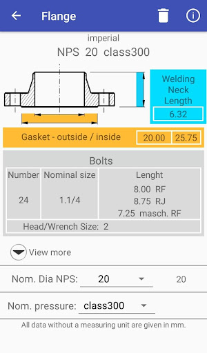 Fittings App (ANSI/ASME) Screen 2