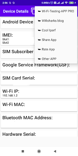Device ID, IMEI, Wi-Fi MAC, BT Screen 2