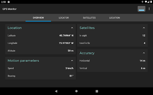 Screenshot of GPS Monitor: satellite data