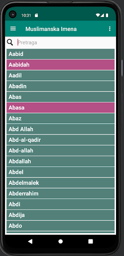 Android application Muslimanska imena screenshort