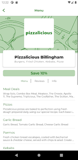 Android application Pizzalicious Billingham screenshort